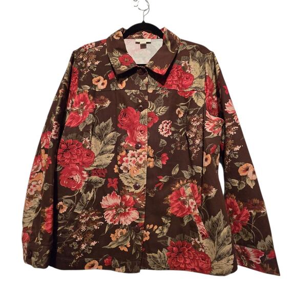 Appleseeds Floral Jean Jacket Shacket Womens 1X Cotton Brown Boho Cottage - Picture 1 of 11